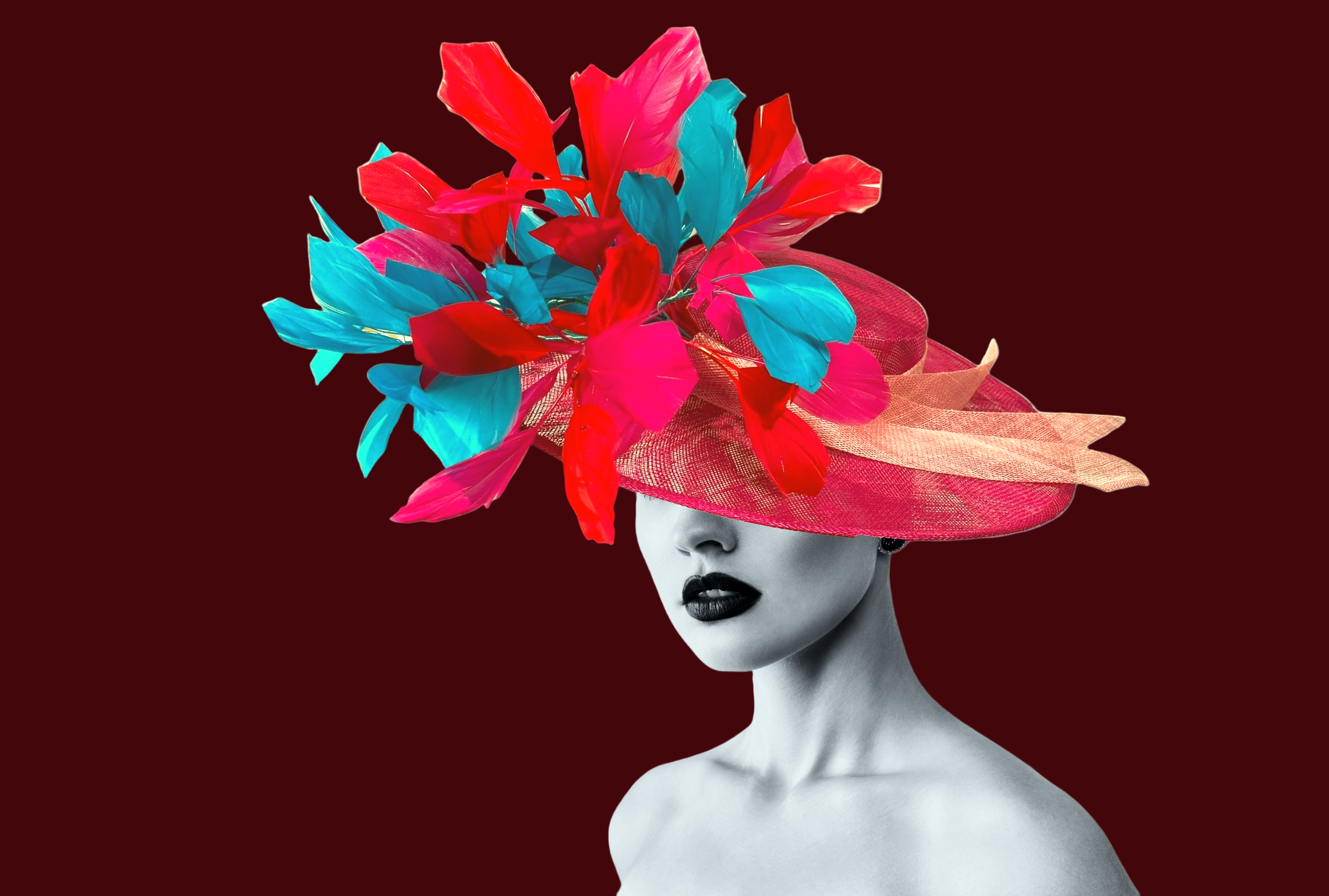 Woody and Blue bespoke boater style hat with fuschia and turquoise feathers shown on black and white image of female model