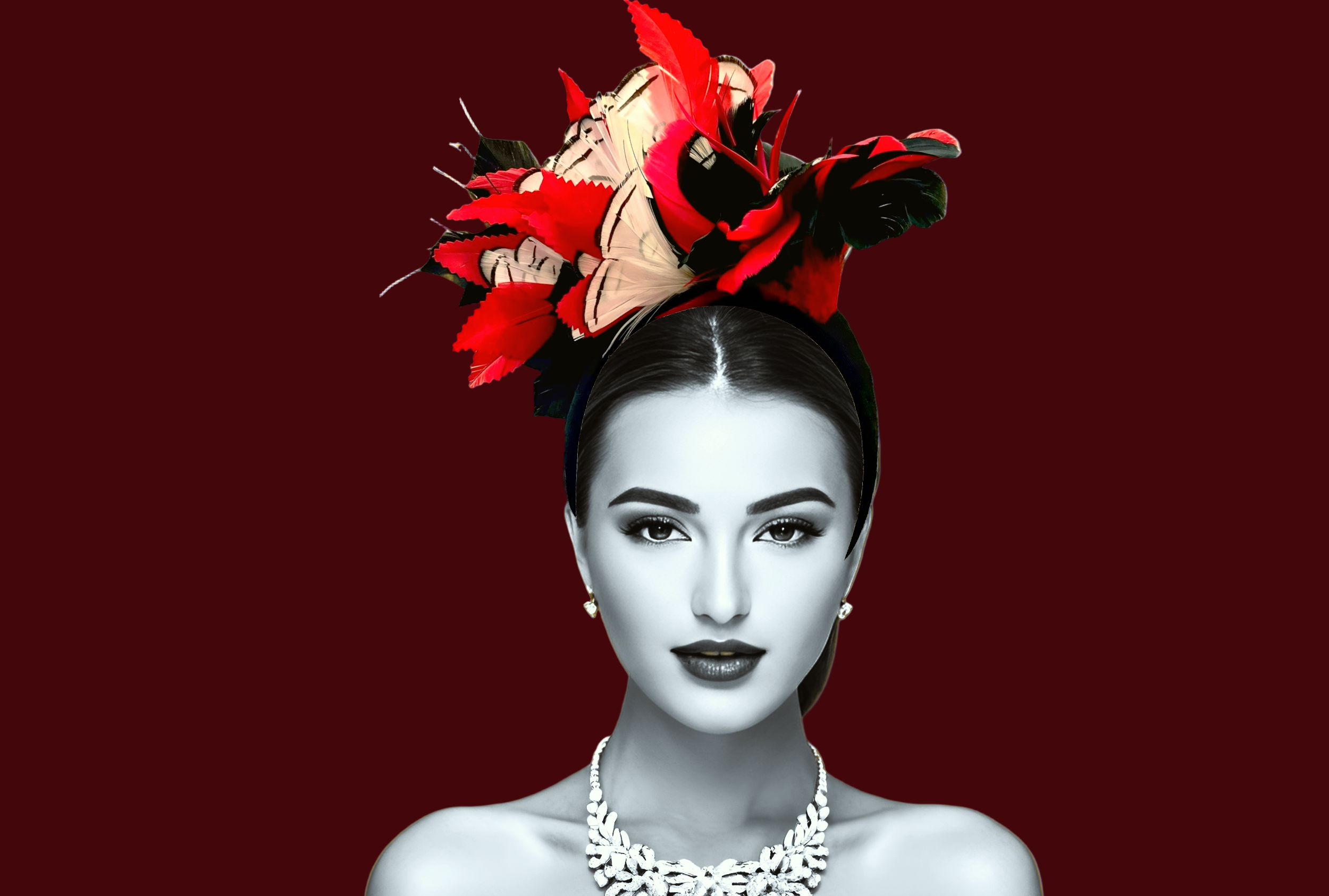 Woody and Blue bespoke headband with scarlet and black feather decoration shown on black and white image of female model