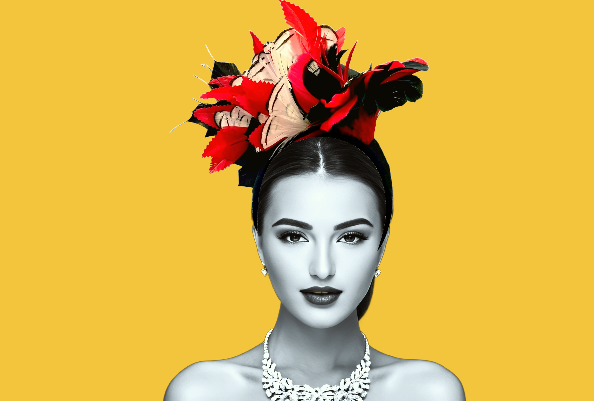 Woody and Blue bespoke headband with scarlet and black feather decoration shown on black and white image of female model